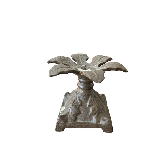 Antique Cast Iron Candle Holder with Leaf Design - Picture 1 of 4